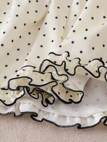 SHEIN Elladie kids 1件女童夏季新款方領泡泡短袖荷葉邊杏色波點腰部鬆緊前領口蕾絲蝴蝶結A字波點印花田園學院風可愛甜美時尚公主洋裝 - 杏色 - 查看 6