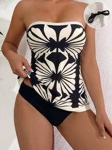 SHEIN Swim 女款高彈力綠色花卉印花比基尼兩件套，清新綠色定位印花抹胸背心上衣，純色三角基本款泳褲下裝，春夏度假海灘派對優雅比基尼套裝 - 黑色 - 查看 1