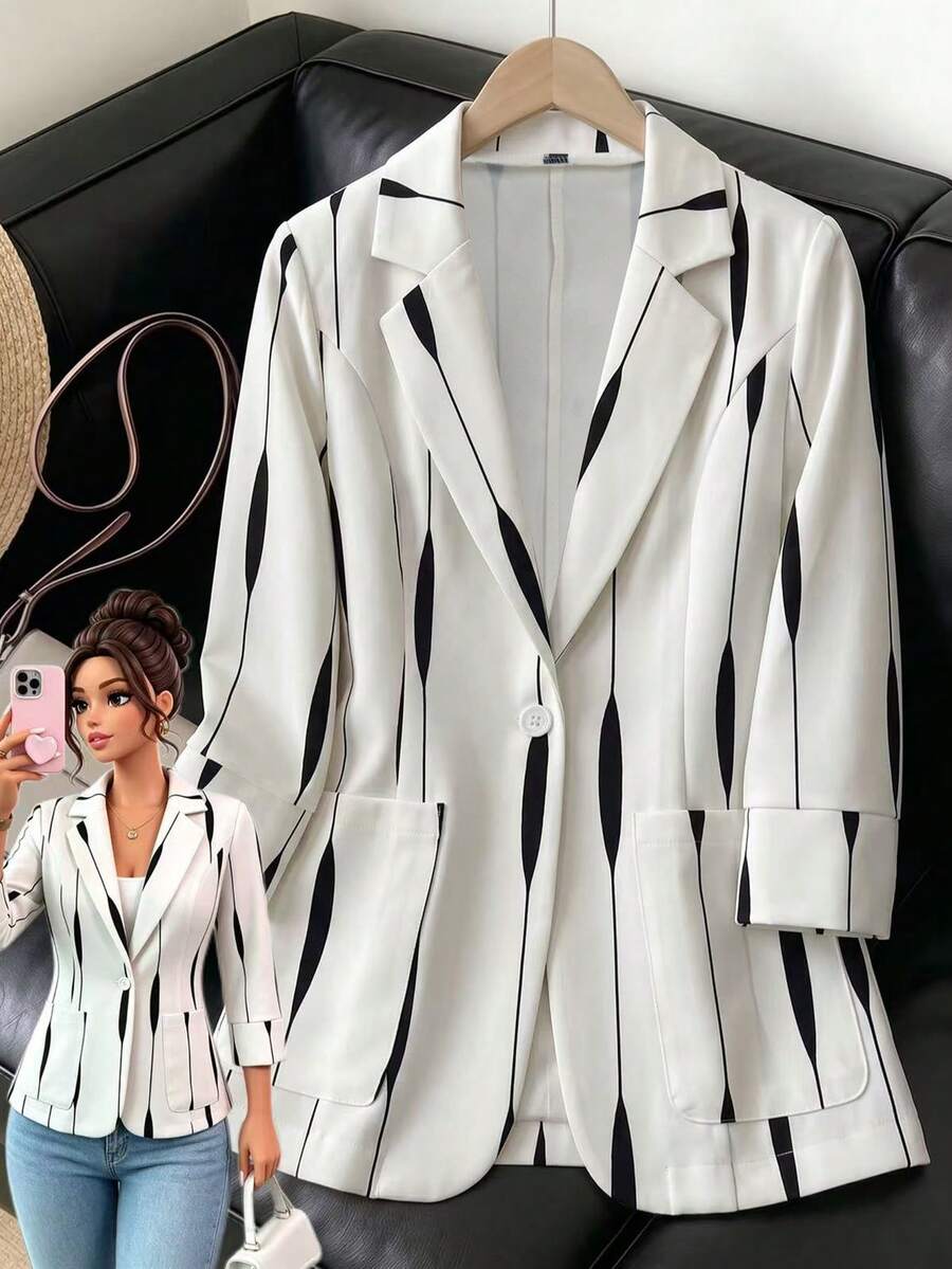 SHEIN Franclia 女款西裝外套,黑白藝術線條印花單扣西裝,翻領單扣白色西裝,夏季,白色上衣,通勤,社交上衣/工作上衣,商務正式,度假,女款社交上衣 - 白色 - 查看 1