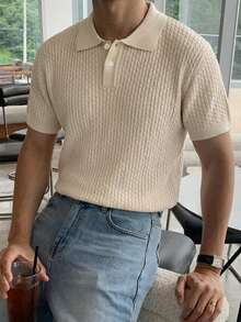DAZY Top de punto de media botonadura color albaricoque sólido para hombre, verano - Albaricoque - Ver 6