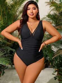 Swim Chiccia 大尺碼女款度假對比色網格連身泳衣 黑色 - 黑色 - 查看 6