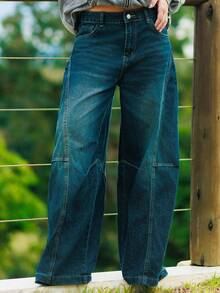 Bela Noronha Women Casual Washed Vintage Wide Leg Baggy Jeans - Blue - View 4