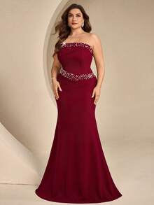 Coutiva Vestido de Noche Formal de Sirena con Decoración de Cuentas y Strass Talla Grande - Burdeos - Ver 3