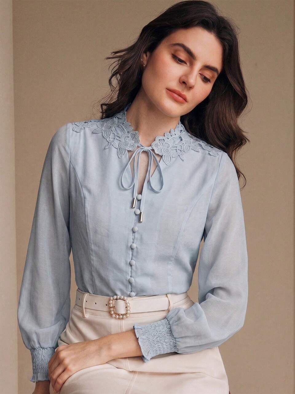 Women's Casual Floral Collar Tie-Front Long Sleeve Blouse, Elegant And Graceful, Spring/Summer