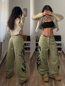StreetHx Plus Size Fashion 2000s 90s Vintage Retro Print Curved Leg Wide Leg Jeans Date Night Green Summer - Olive Green - View 4