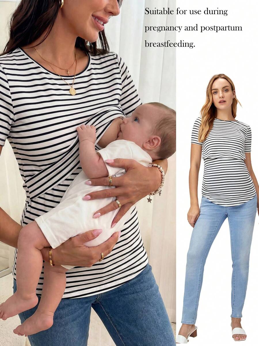 SHEIN Maternidad Camiseta de rayas bajo curvo amamantamiento - Blanco y Negro - Ver 1