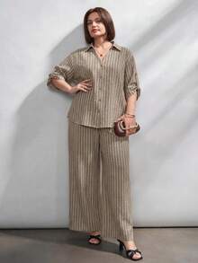 Chikora Plus Size Summer Brown Open Front Two Pieces Set, Brown Two Pieces Set, Office Wear, Suitable For Multiple Occasions - Multicolor - View 6