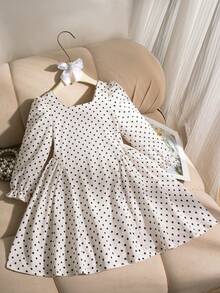 Genkimix Kids 女童 1 件裝 春/秋季海灘風 7 歲生日婚紗禮服套裝，方領長袖白色印花，3D 可拆卸大蝴蝶結，側面抓皺公主風 - 杏色 - 查看 3