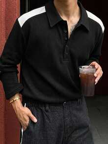 DAZY Men's Textured Fabric Contrast Color Basic Half-Button T-Shirt - Black - View 1