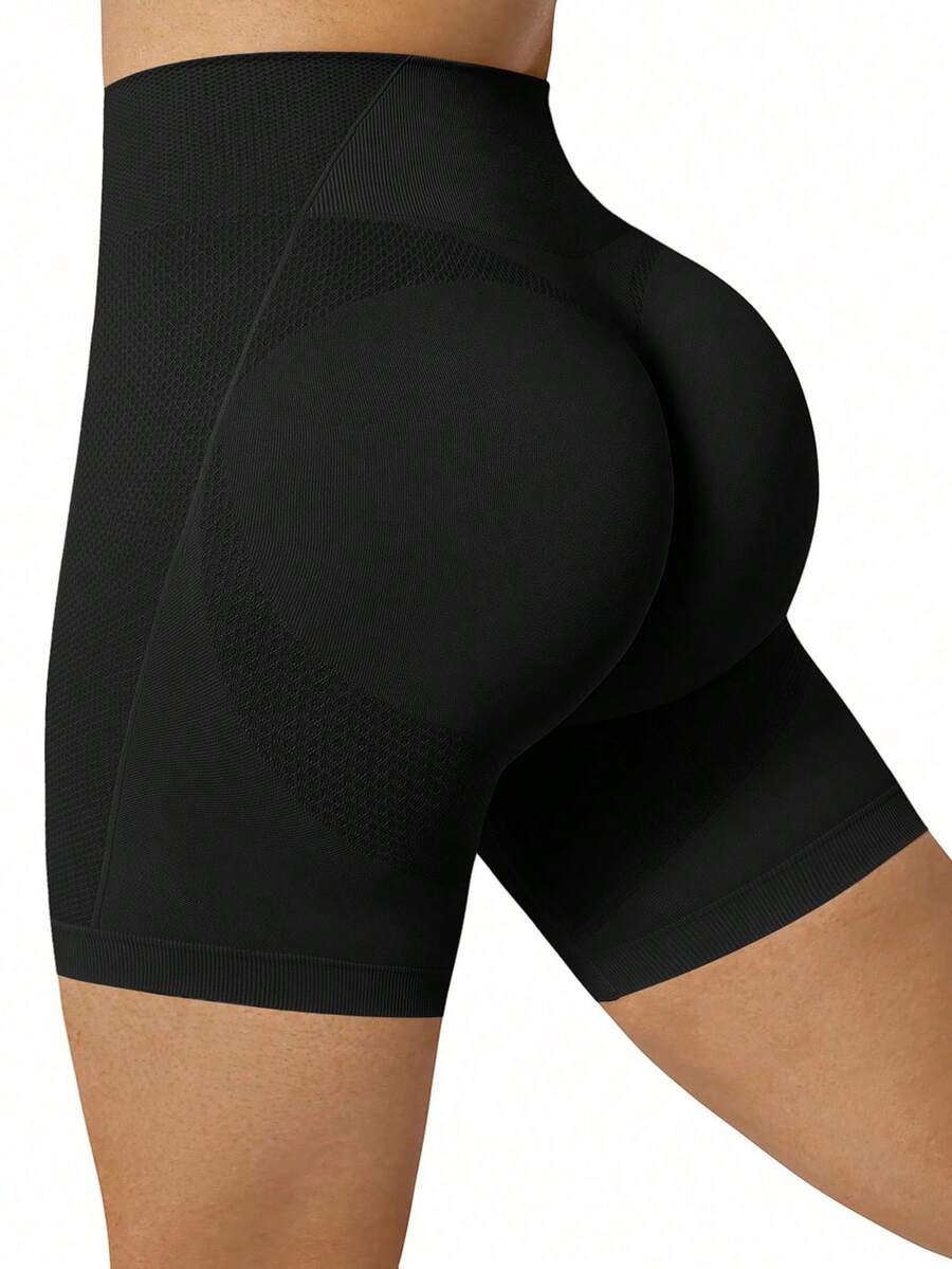 SHEIN Dewbera Women's Plus Size Solid Color High Waist Seamless Sports Shorts - Black - View 1