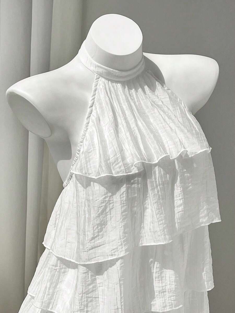 Elamini 女款雪紡優雅浪漫全白露背綁帶迷你洋裝,適合約會、度假、假期、婚禮、夜晚外出、夏季、賓客、海島穿搭、派對 - 白色 - 查看 1