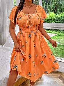 SHEIN MOOSTA Plus Size Women's Floral Print Pleated Elegant Waist-Cinched Date Party Dress - Orange - View 3