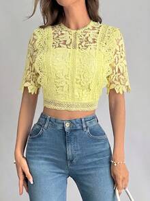 Firerie Women's Lace Casual Sheer Short Sleeve Blouse For Daily Wear,Summer Top - Yellow - View 6
