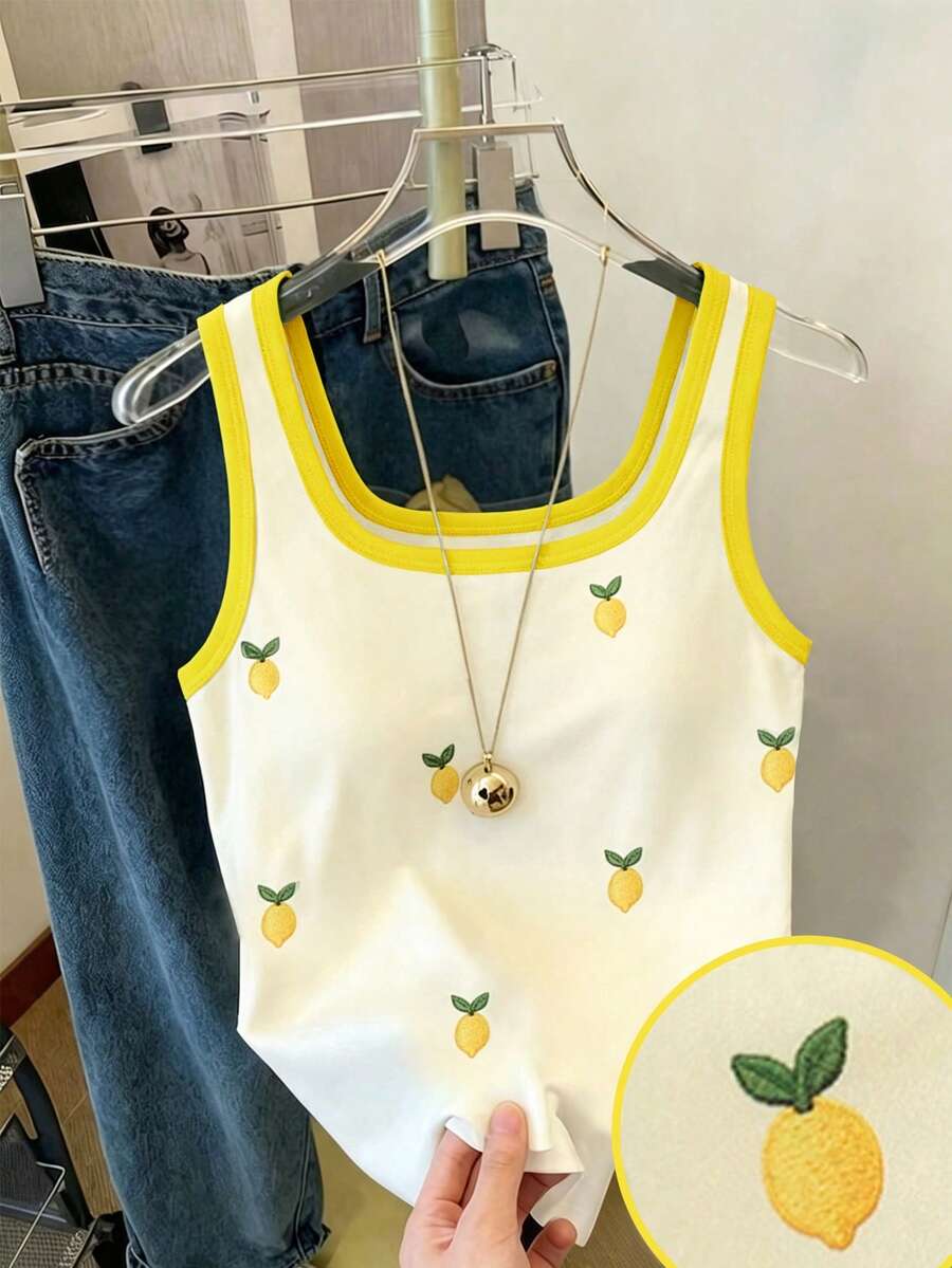 Elladie kids 青少年女孩檸檬刺繡圓領修身不對稱下擺無袖背心上衣 返校季 - 黃色 - 查看 1