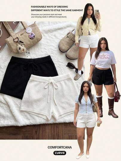 Comfortcana Plus Size Women Casual Home Style Knitted Soft Comfortable Knit Shorts Suitable For Home Wear And Commuting