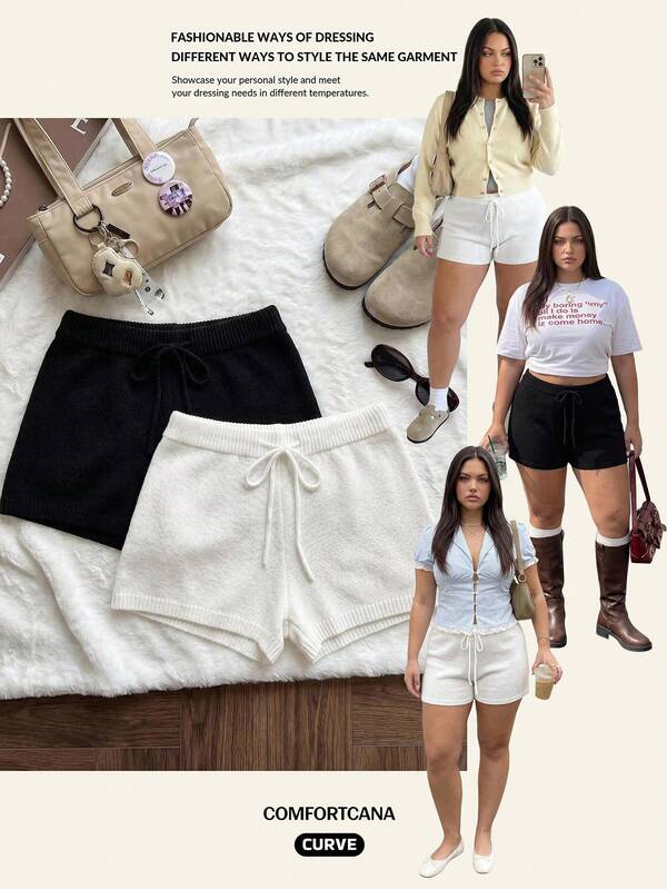 Comfortcana Plus Size Women Casual Home Style Knitted Soft Comfortable Knit Shorts Suitable For Home Wear And Commuting