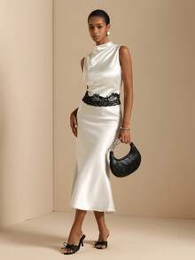 Elafinee Satin Sleeveless Waist Pleated Colorblock Lace Patchwork Elegant French Women's Blouse Wedding Dinner White And Black Summer - White - View 4