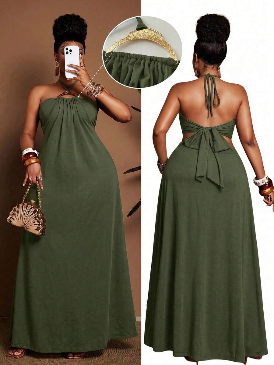 Maweii Summer Plus Size Women Strapless Tie Metal Buckle Decor Tube Top 2 In 1 Waist-Exposing Flared Dress - Army Green - View 1