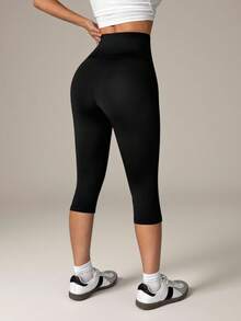 SHEIN PETITE Women's Solid Color V-Waist Elastic Skinny Pants - Black - View 2