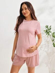 SHEIN 孕婦純色圓領短袖T恤與可調腰圍短褲休閒兩件套 - 藕粉色 - 查看 3