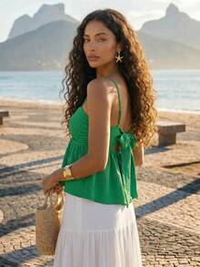 CAJUNI Women's Textured Metal Buckle Pleated Asymmetrical Ruffle Hem Cami Top Beach Green Summer Sexy Tropical Boho - Green - View 2