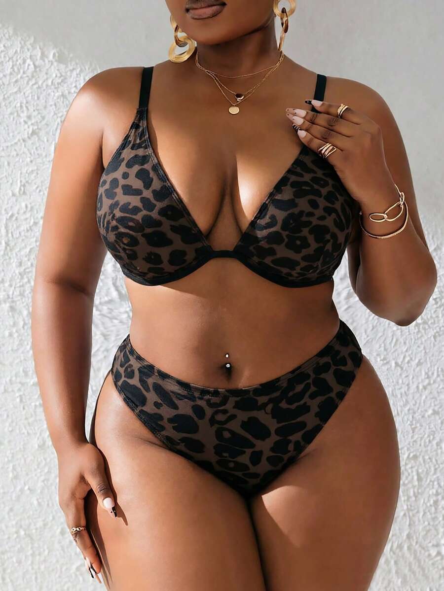 Slaydiva Conjunto de Bikini Talla Grande con Estampado de Leopardo, Sujetador y Braguita Triangular - Multicolor - Ver 1