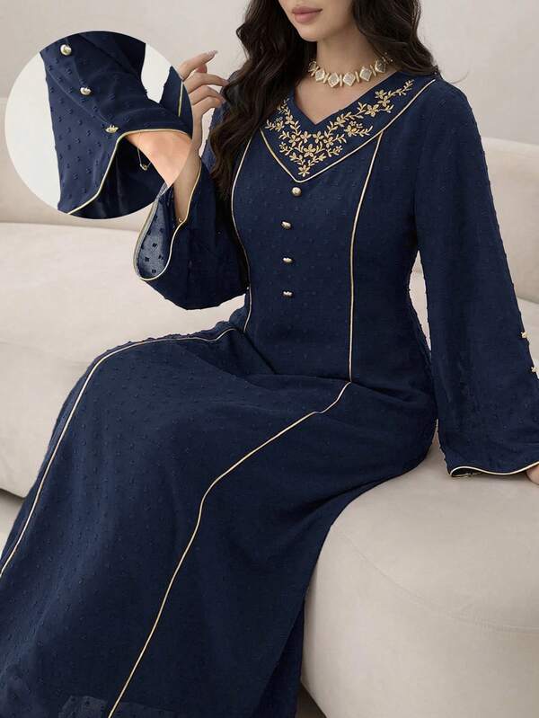 Yasmyna Women's Floral Pattern Long Sleeve Button Design Elegant Arabian Dress