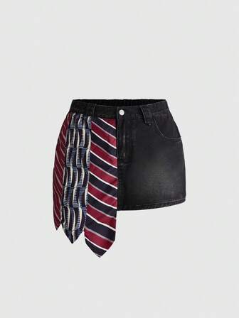 ROMWE Avant Jupe en jean patchwork avec cravate, style preppy vintage Y2K Millennium, grande taille