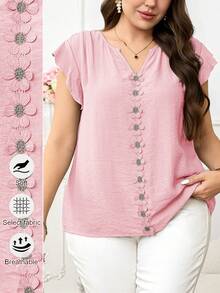 Reflora Plus Size Women's Textured Patchwork Ruffle Lace Loose Short Sleeve Blouse, Spring/Summer Holiday Pink Casual - Pink - View 3