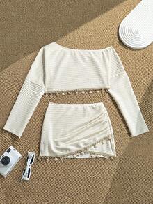 Bonvoyette Set Pakaian Pantai Dua Potong Motif Jacquard Lengan Panjang dengan Hiasan Payet dan Rumbai untuk Musim Semi/Panas - Krem - View 3