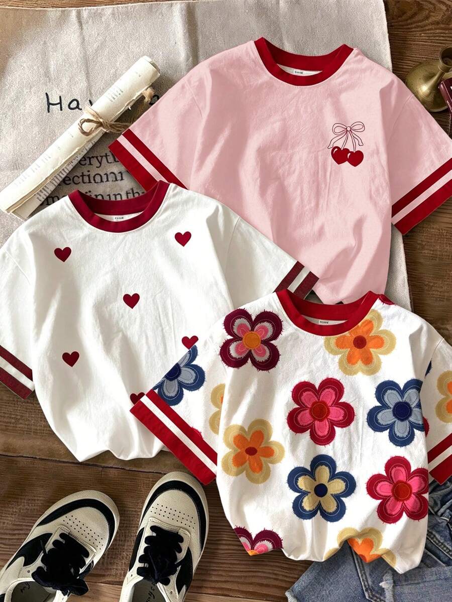 復古多巴胺花卉條紋愛心蝴蝶結櫻桃嬰幼兒童裝圖案上衣 少女簡約休閒寬鬆落肩 3件組 T恤 白色 - 白色 - 查看 1