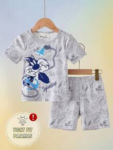 LOONEY TUNES X SHEIN GraphicGems 小男孩春夏時尚系列 貝殼、珊瑚、海螺組合印花 修身高彈力面料圓領舒適短袖T恤與短褲2件套 修身居家服 - 灰色 - 查看 1