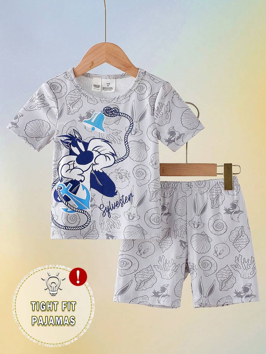 LOONEY TUNES X SHEIN GraphicGems 小男孩春夏時尚系列 貝殼、珊瑚、海螺組合印花 修身高彈力面料圓領舒適短袖T恤與短褲2件套 修身居家服 - 灰色 - 查看 1