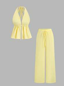 Sweetra Damen Frühling/Sommer Gelbes Urlaubsstil strukturiertes Spaghetti-Träger-Top & bequeme vielseitige lässige drapierte gerade Bein weite Hose 2-teiliges Set - Gelb - Übersicht 1