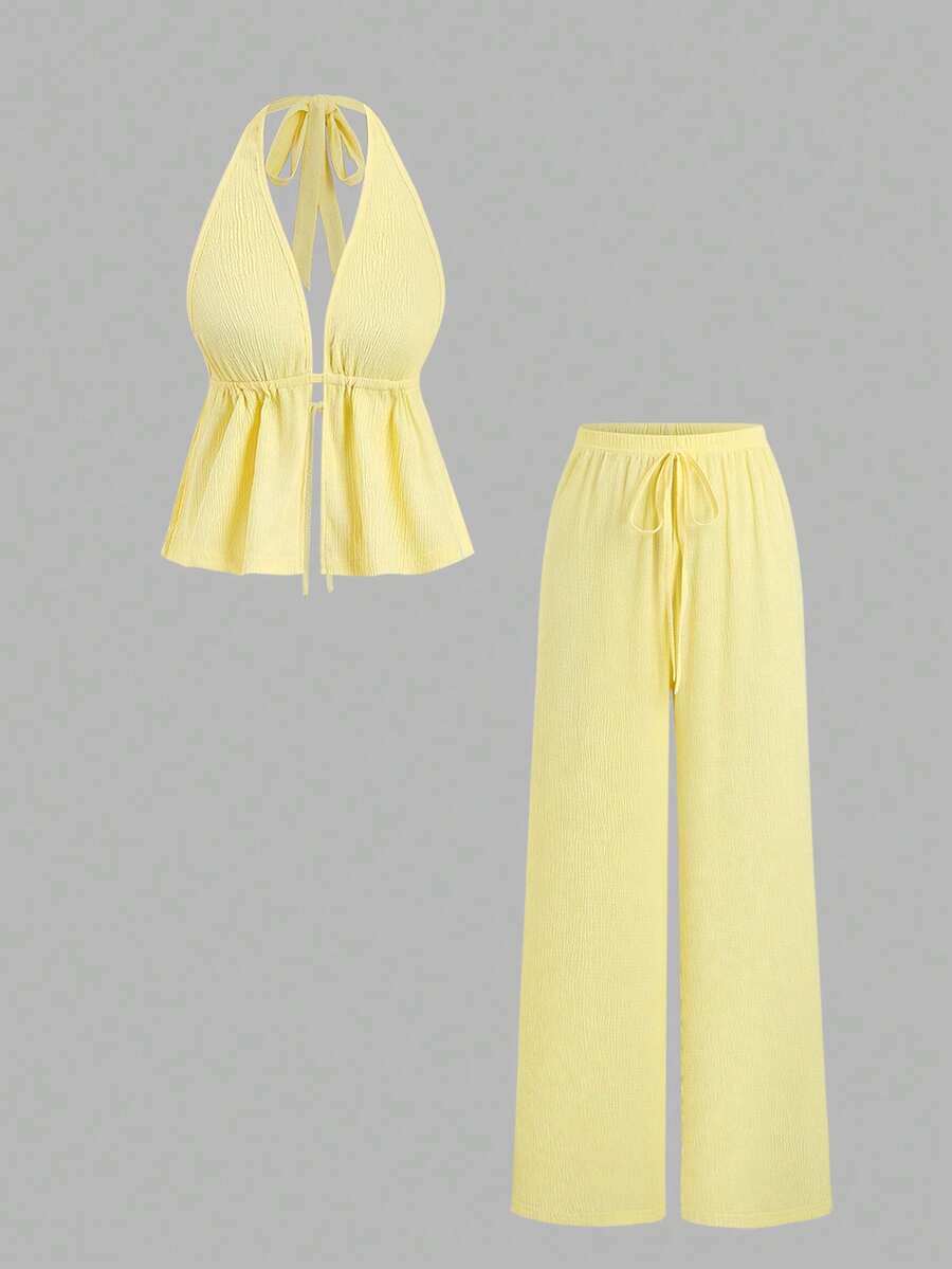 Sweetra Damen Frühling/Sommer Gelbes Urlaubsstil strukturiertes Spaghetti-Träger-Top & bequeme vielseitige lässige drapierte gerade Bein weite Hose 2-teiliges Set - Gelb - Übersicht 1