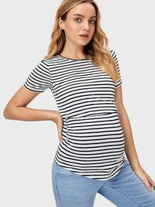 SHEIN Maternidad Camiseta de rayas bajo curvo amamantamiento - Blanco y Negro - Ver 8