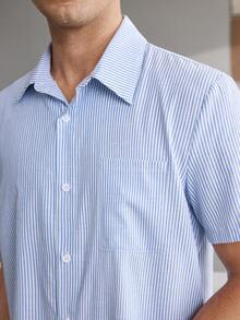 CoupledUp Cute Solid Color Casual Woven Striped Square Neck Short Sleeve Button-Up Shorts Men's Loungewear Set - Blue - View 5