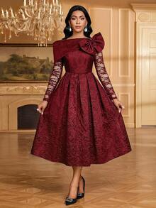 Fleurora Women's Floral Jacquard Bow Decor Contrast Lace Long Sleeve Elegant Mid-Length Dress - Burgundy - View 6