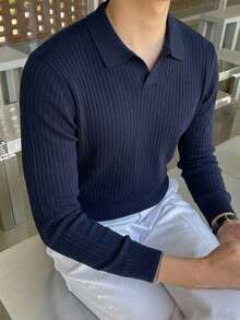 DAZY Men's Long Sleeve Navy Blue Polo Collar Ribbed Knit Top - Navy Blue - View 8