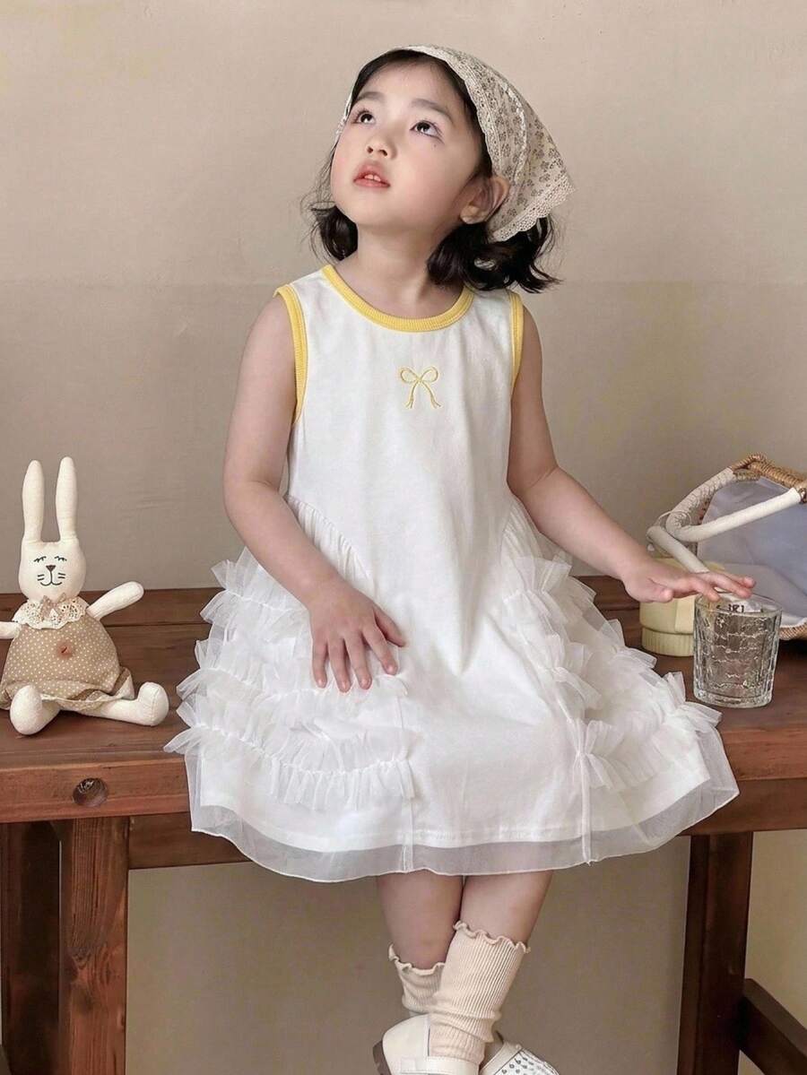 SHEIN Genkimix Kids 女童蝴蝶結刺繡對比色設計對比網紗下擺時尚優雅無袖背心A字裙夏季