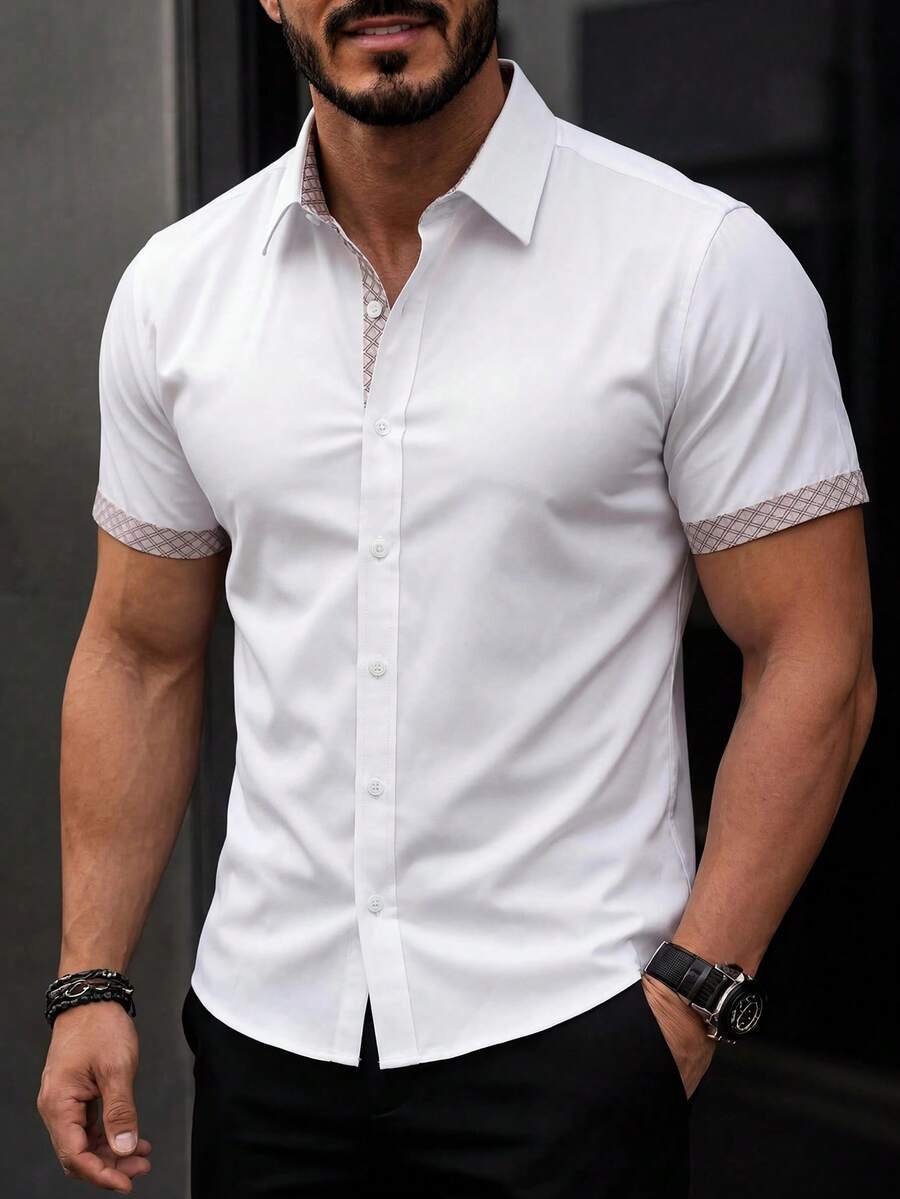 Manfinity Bizformal 男士商務休閒淺色拼接短袖襯衫 - 白色 - 查看 1