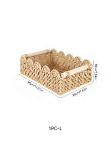 1PC Paper Rope Rattan Woven Storage Basket, Tea Table Storage Box, Toys, Snacks, Cosmetics Storage, Japanese Wooden Handle, Petal Style Storage - Brown - View 11