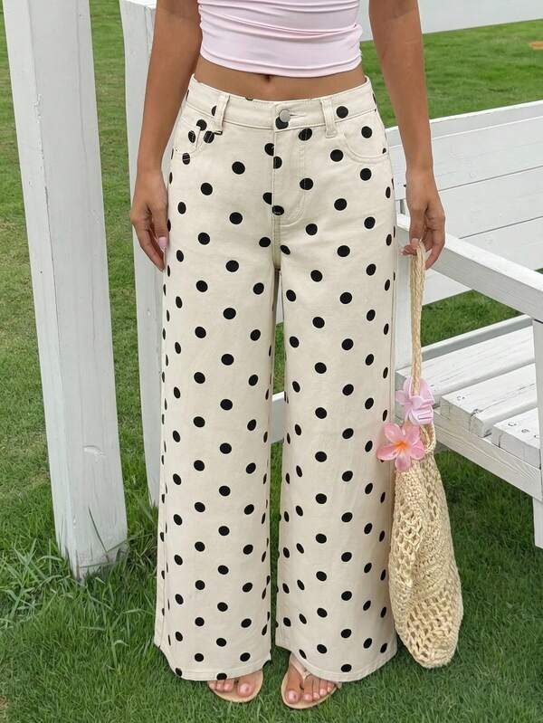 SHEIN Pantalones largos holgados de mezclilla blanca con lunares negros para niñas