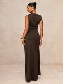 Lumalex Dark Brown Asymmetric One Shoulder Maxi Dress With Hardware Ruched Hip Draped Skirt And Front Slit Luxury Elegant For Party Bar Party Dinner Summer - Brown - View 7