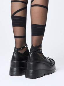 ROMWE Grunge Punk 女款 10cm 龐克搖滾哥德金屬鉚釘瑪麗珍圓頭厚底楔形樂福鞋，黑色春季鞋 春假復活節、萬聖節 - 米色 - 查看 5