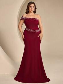 Coutiva Vestido de Noche Formal de Sirena con Decoración de Cuentas y Strass Talla Grande - Burdeos - Ver 5