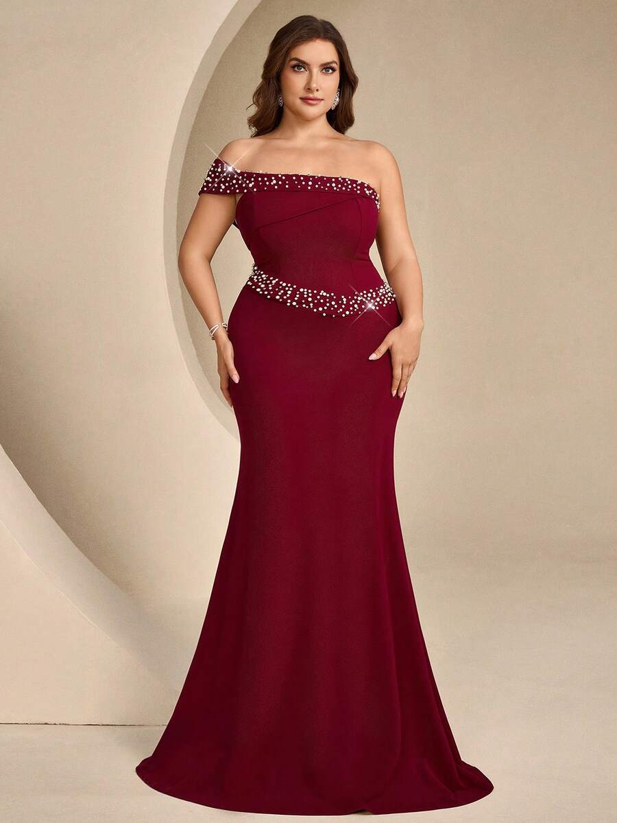 Coutiva Plus Size Beaded Rhinestone Decorated Mermaid Formal Evening Gown - Burgundy - View 1