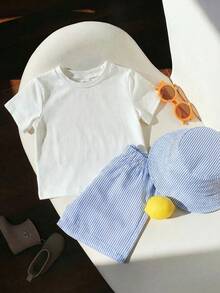 SHEIN 3件套男女宝宝/男宝宝/女宝宝可爱柠檬条纹短袖T恤、短裤和帽子套装，春夏款 - 彩色 - 查看 8