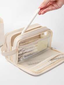 Bolsa de lápices de gran capacidad de doble cara, estuche/bolsa de papelería, bolsa de maquillaje, organizador de lápices, estuche de lápices con cremallera, nuevo estuche de papelería duradero y resistente a las manchas con divisor de malla, organizador de lápices minimalista de alta estética para estudiantes, regalo de vuelta a la escuela - Multicolor - Ver 2