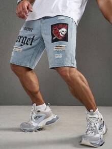 Manfinity Roghcode Shorts de mezclilla para hombre con bolsillos, botones, cremallera, parche de calavera y patrón de letras, para vacaciones - Lavado ligero - Ver 5
